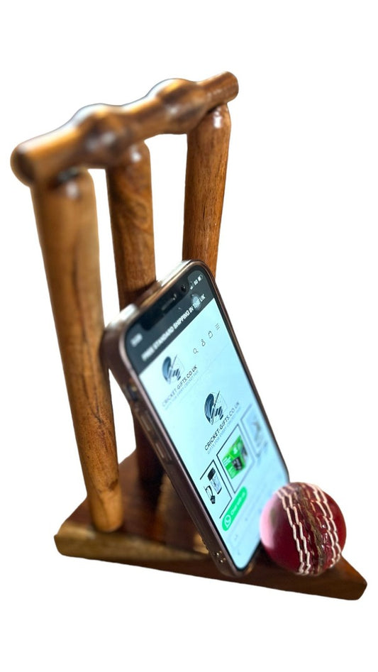 CRICKET-GIFTS Ball and Wickets Phone Holder Real Wood