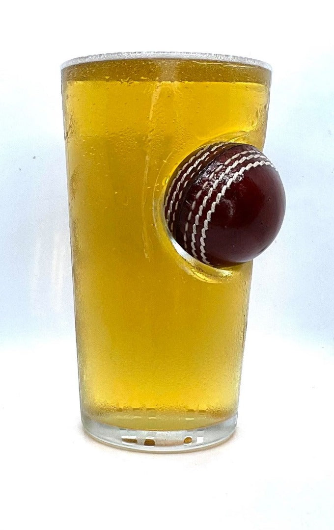 Cricket Gift 20oz Pint Glass with Mini quality Leather Cricket Ball Embedded into the glass