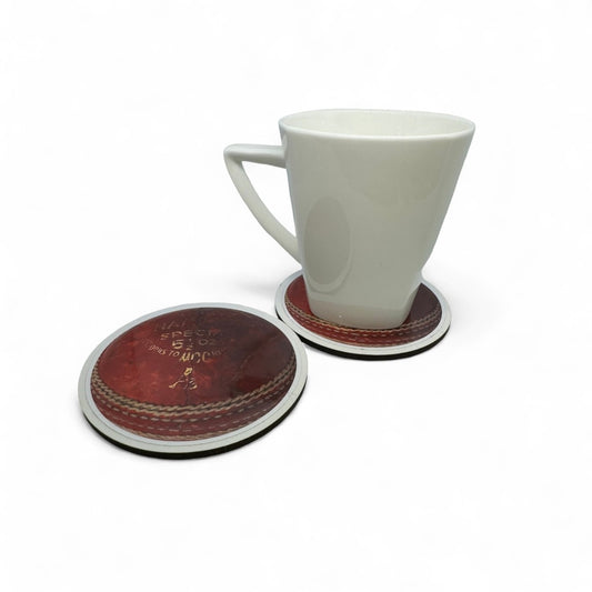 CRICKET-GIFTS Cricket Ball Coasters 95mm Diameter Cork Back Set of two
