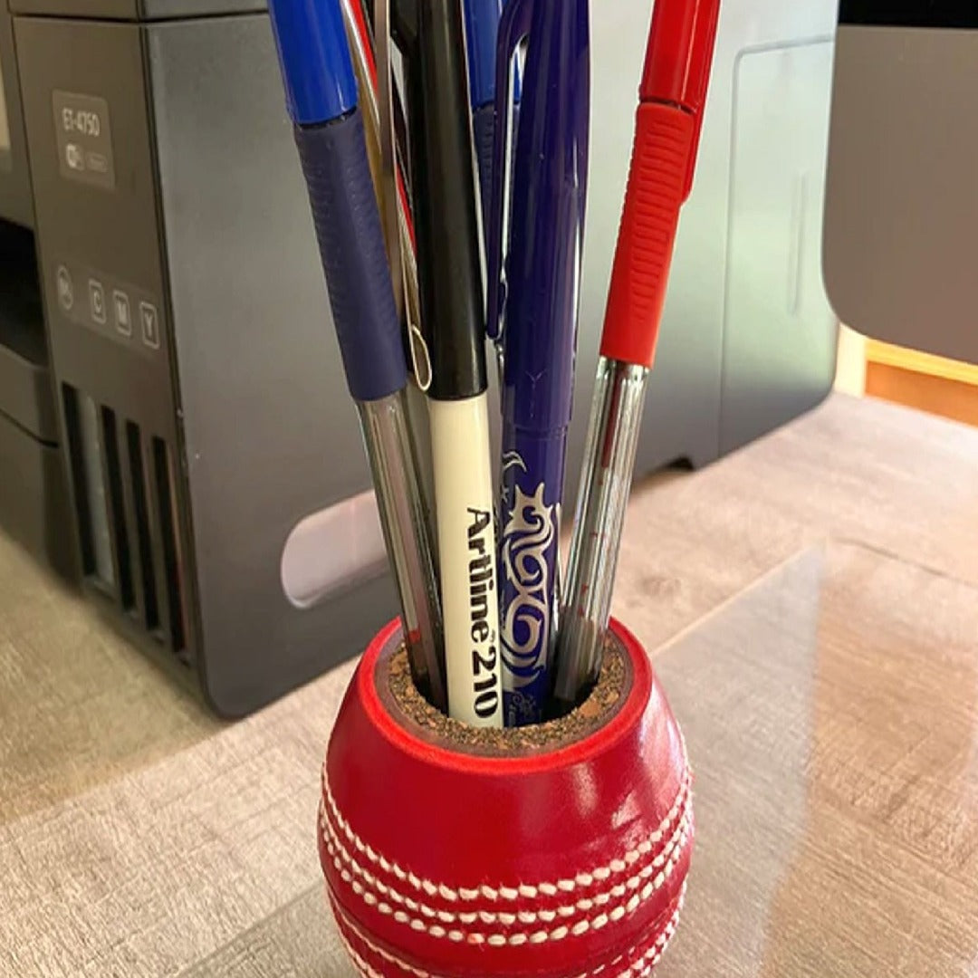 CRICKET-GIFTS - Cricket Ball Pen Holder | Handcrafted Australian Leather | Cork & Rubber Core | Ideal Desk Accessory for Cricket Enthusiasts | Cricket Mugs & More, Leather