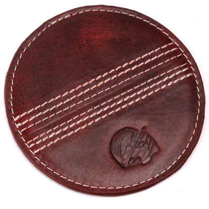 CRICKET-GIFTS - Buffalo Leather Coaster | White Cricket Ball Stitching | Durable & Elegant Design | Ideal for Dining & Coffee Tables | Cricket Ball Coaster, Red, One Size