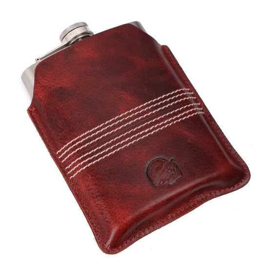 CRICKET-GIFTS - Buffalo Leather Hip Flask | 8oz Capacity | Red Leather Cover | Ideal for Cricket Enthusiasts | Includes Portable Pouch | Unique Cricket Stitching, Multicoloured, Metal