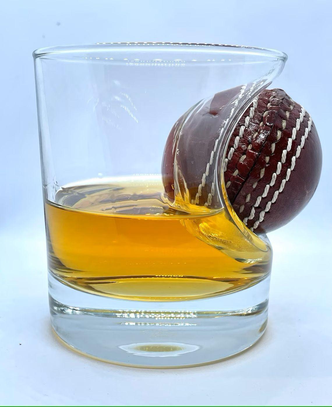 Cricket whisky glass | unique 12oz mixer glass with embedded souvenir mini cricket ball | cricket gift | made in uk | cricket gifts for men