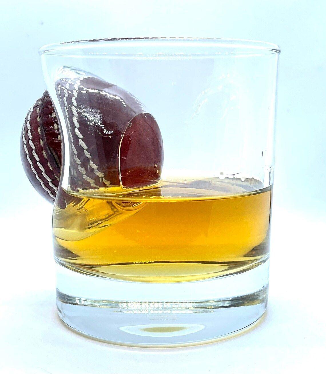 Cricket whisky glass | unique 12oz mixer glass with embedded souvenir mini cricket ball | cricket gift | made in uk | cricket gifts for men