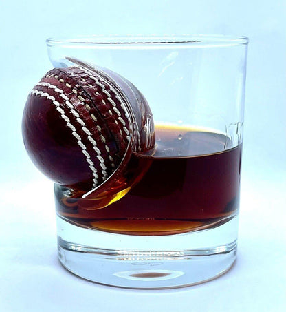 Cricket whisky glass | unique 12oz mixer glass with embedded souvenir mini cricket ball | cricket gift | made in uk | cricket gifts for men