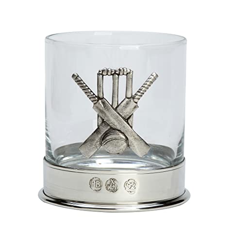 Lead Free pewterware Mounted 12oz Whisky Glass Tumbler with a Cricket Set Emblem of Bats. Ball and wickets