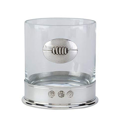 Lead Free pewterware Mounted 12oz Whisky Glass with a Rugby Ball Emblem