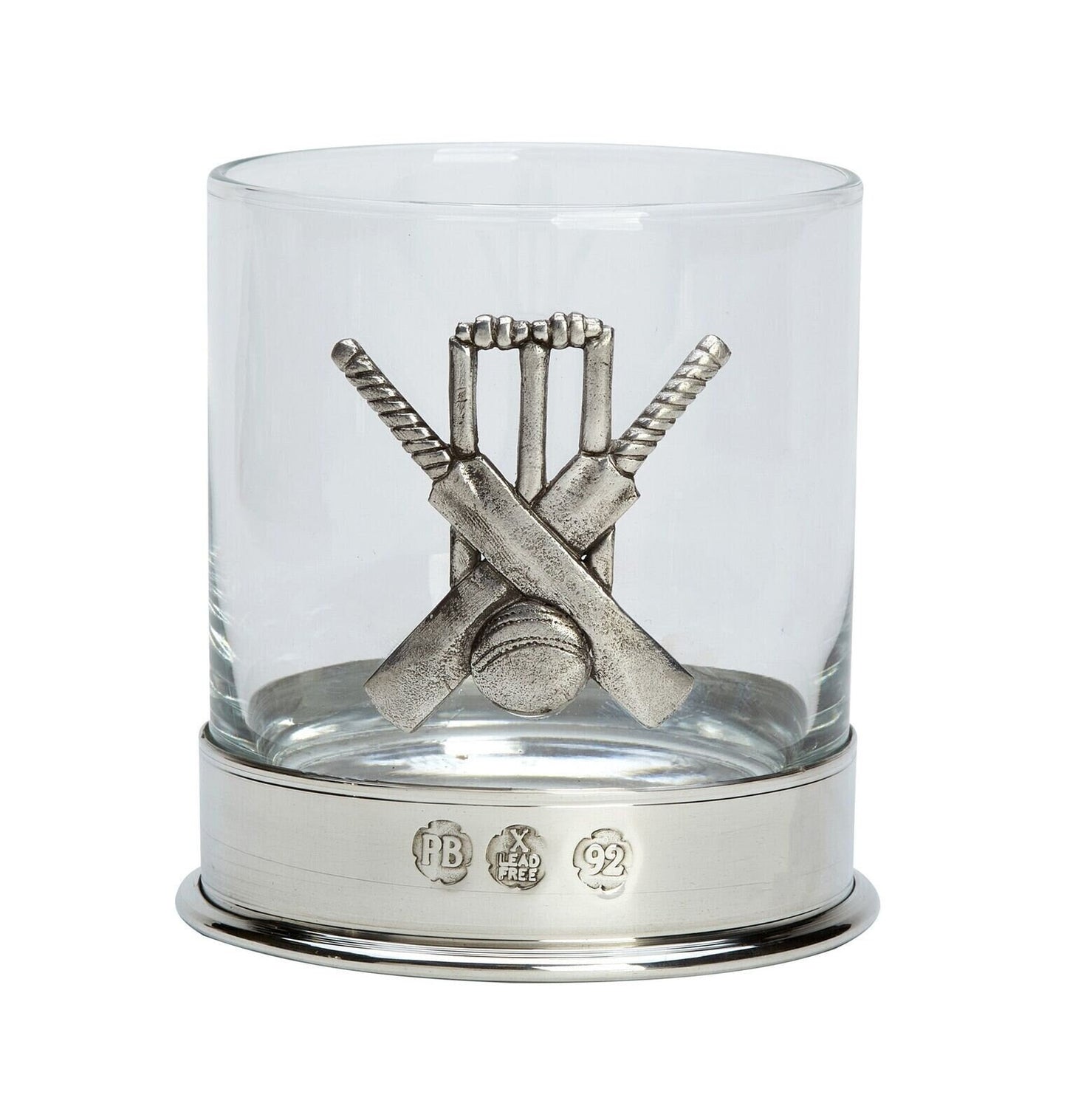Pewterware mounted whisky glass with a cricket set emblem